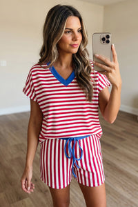 Women's Casual Summer Red Stripe Colorblock V-Neck Tee and Drawstring Elastic Waist Shorts Set for Effortless Style