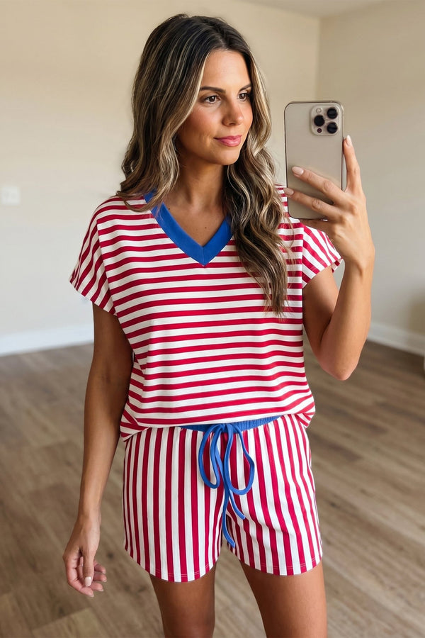 Women's Casual Summer Red Stripe Colorblock V-Neck Tee and Drawstring Elastic Waist Shorts Set for Effortless Style