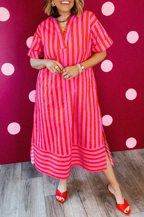 Women's Casual Summer Red Striped V-Neck Midi Dress with Relaxed Fit and Cuffed Sleeves - Ideal for Outings