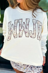 
Women's Casual White Camo Long Sleeve Top with Inspirational WWJD Design - Trendy and Comfortable Fit