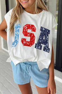 Women's Casual White Color Block Dolman Tee with USA Graphic - Comfortable Everyday Top for Effortless Style