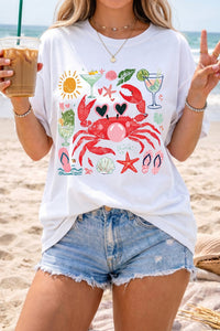 Women's Casual White Crab Graphic T-Shirt - Fun Summer Beachwear for Travel and Relaxation