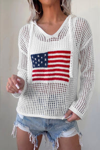 Women's Casual White Crochet Knit Hoodie with American Flag Patch - Trendy Hollow Design for Comfortable Everyday Wear