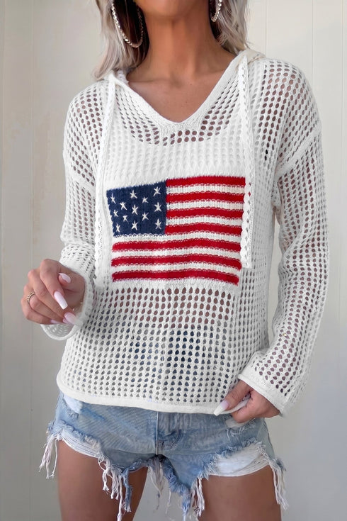 Women's Casual White Crochet Knit Hoodie with American Flag Patch - Trendy Hollow Design for Comfortable Everyday Wear