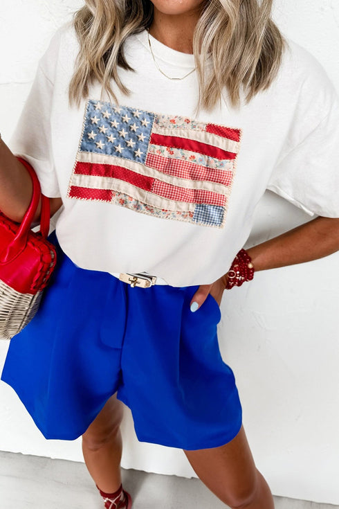women's casual white faux patchwork us flag tee - easy and wearable everyday top for effortless chic with practical styling and dependable silhouette