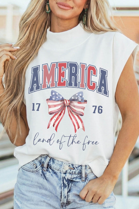 Women's Casual White Patriotic Mock Turtleneck Tee with American Flag Print - Comfy Summer Top for Celebrations and Events