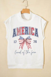 White Patriotic Slogan America Flag Print Mock Neck Tee