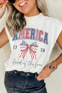 White Patriotic Slogan America Flag Print Mock Neck Tee