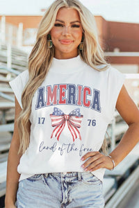 White Patriotic Slogan America Flag Print Mock Neck Tee