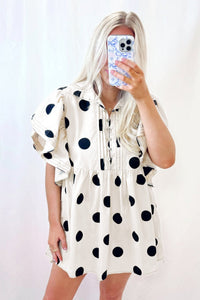 White Polka Dot Print Half Button Ruffled Short Sleeve Loose Mini Dress