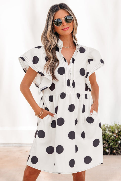 Women's Casual White Polka Dot Mini Dress with Ruffled Sleeves & Half Button Closure - Flowy Loose Fit for Summer Fun