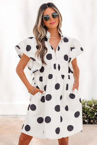 Women's Casual White Polka Dot Mini Dress with Ruffled Sleeves & Half Button Closure - Flowy Loose Fit for Summer Fun