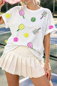Women's Casual White Sequin Pickleball Graphic Tee - Fun Sporty Top for Everyday Wear and Active Outfits