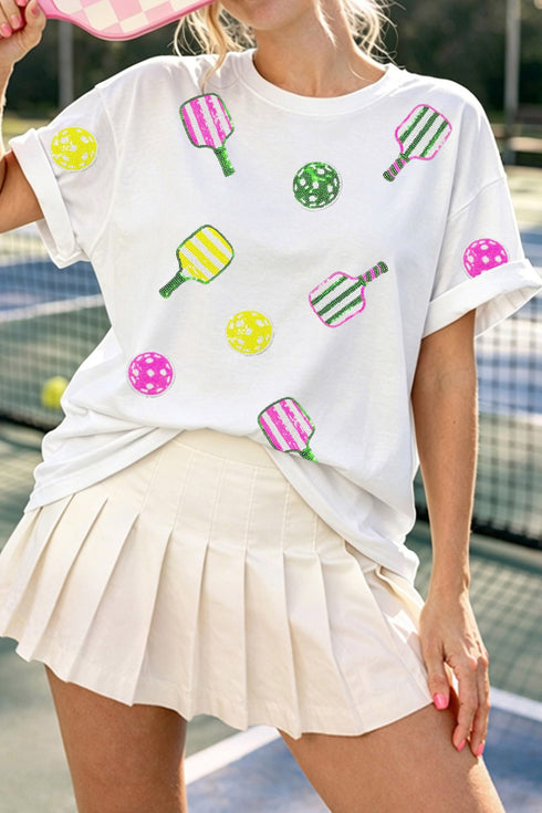 Women's Casual White Sequin Pickleball Graphic Tee - Fun Sporty Top for Everyday Wear and Active Outfits