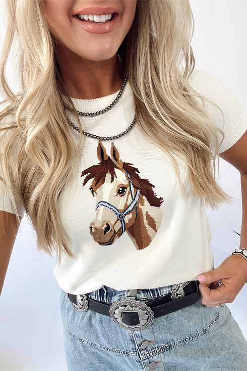 Women's Casual White Short Sleeve Sweater with Wild West Horse Head Print - Comfortable Everyday Style for Horse Lovers
