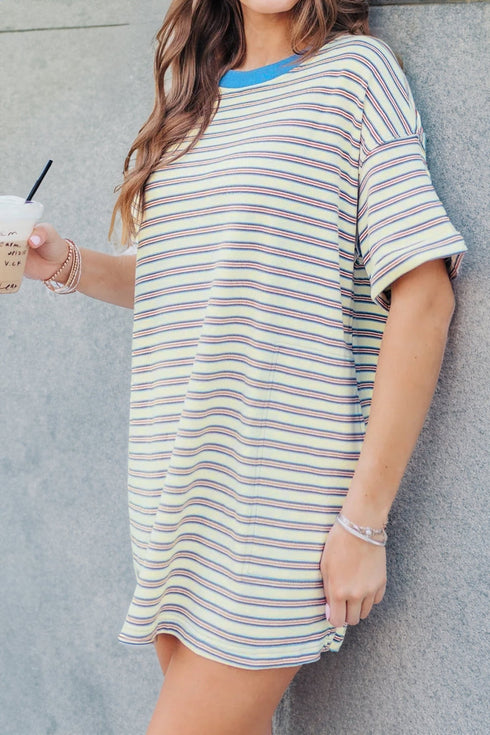 Women's Casual White Stripe Drop Shoulder Tunic Dress with Cuffed Sleeves - Effortless Loose Fit for Everyday Style