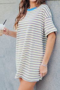 Women's Casual White Stripe Drop Shoulder Tunic Dress with Cuffed Sleeves - Effortless Loose Fit for Everyday Style