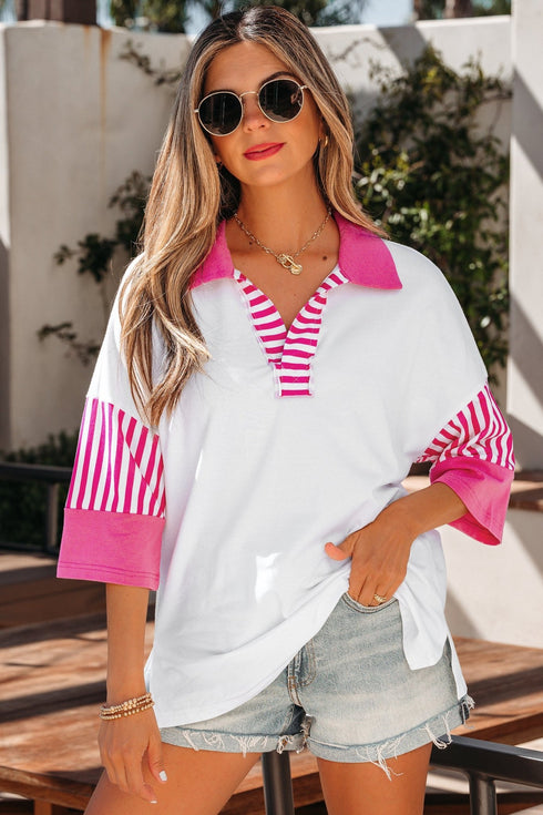 Women's Casual White Striped Color Block Polo T-Shirt with Half Sleeves – Chic Summer Top for Effortless Style