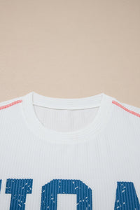 White USA Graphic Half Sleeve Loose Ribbed Top