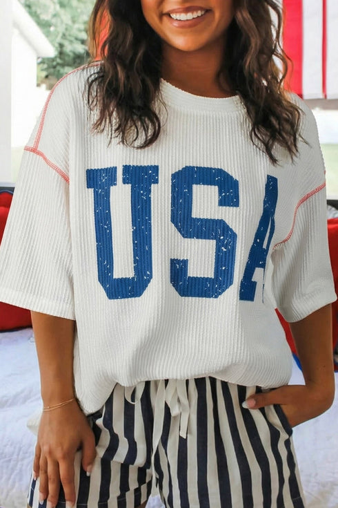Women's Casual White USA Graphic Ribbed Half Sleeve Top - Loose Fit Summer Tee for Effortless Everyday Style