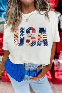 Women's Casual White USA Graphic Tee with Faux Patchwork Design - Trendy and Stylish Fit for Everyday Wear