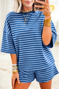 Women's Casual Women's Blue Striped Ribbed Cotton Two-Piece Short Set with Chest Patch Detail for Effortless Summer Style