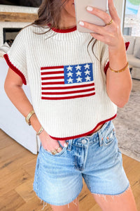 Women's Casual Women's White Cropped Short Sleeve Sweater with Flag Print – Stylish Knit Top for Summer Fashion