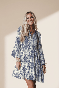 Women's Cerulean Damask Boho Mini Dress with Ruffled Tiers