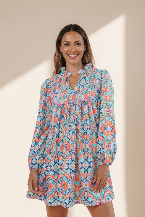 Women's Cerulean Medallion Print Ruffle Neck A-Line Dress