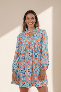 Women's Cerulean Medallion Print Ruffle Neck A-Line Dress