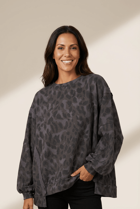 Women's Charcoal Leopard Print Washed Pullover with Balloon Sleeves
