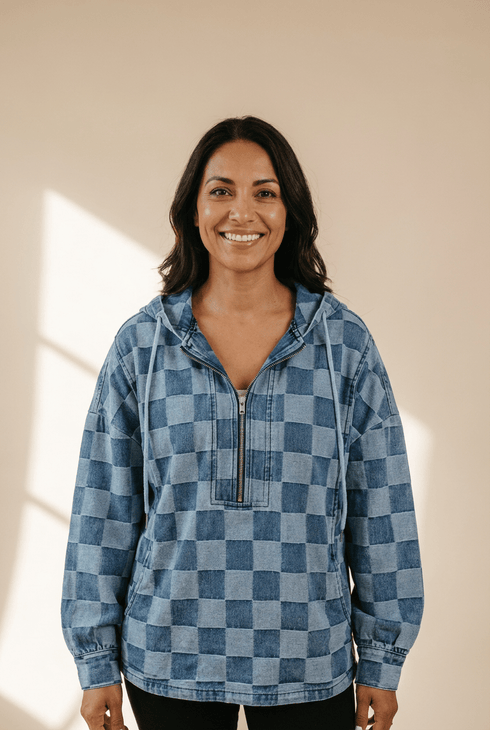 Women's Checkerboard Quarter-Zip Denim Hoodie