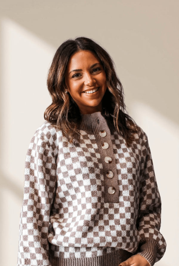 Women's Checkerboard Half-Button Knit Sweater in Cocoa and Cream with practical styling and dependable silhouette control.