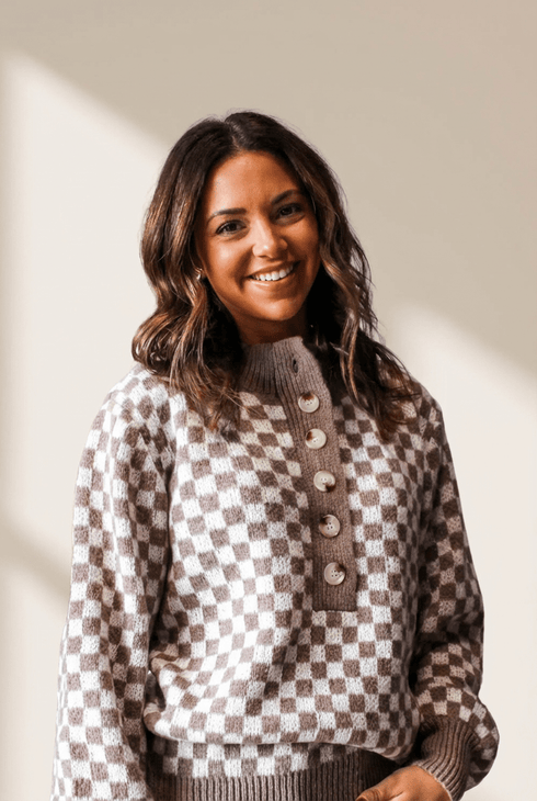 Women's Checkerboard Half-Button Knit Sweater in Cocoa and Cream with practical styling and dependable silhouette control.