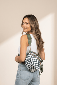 Women's Checkered Crescent Sling Bag with Wide Comfort Strap