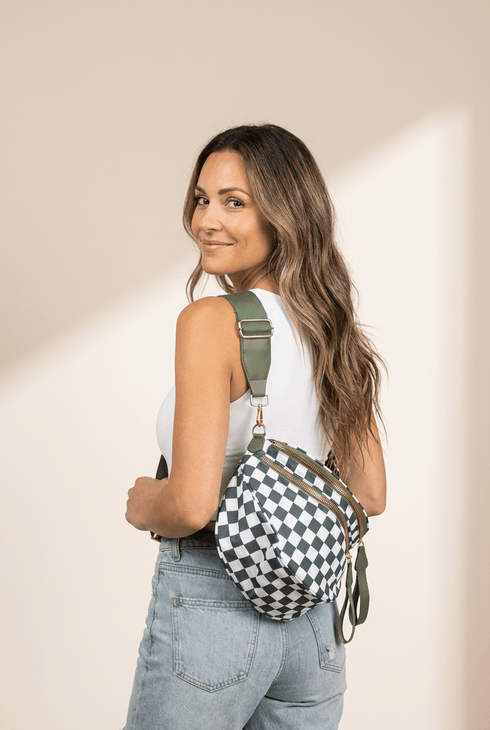 Women's Checkered Crescent Sling Bag with Wide Comfort Strap