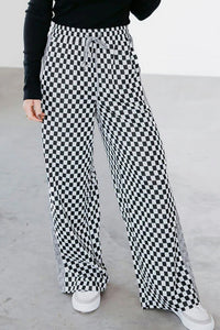 White Checkerboard Drawstring Waist Casual Pants