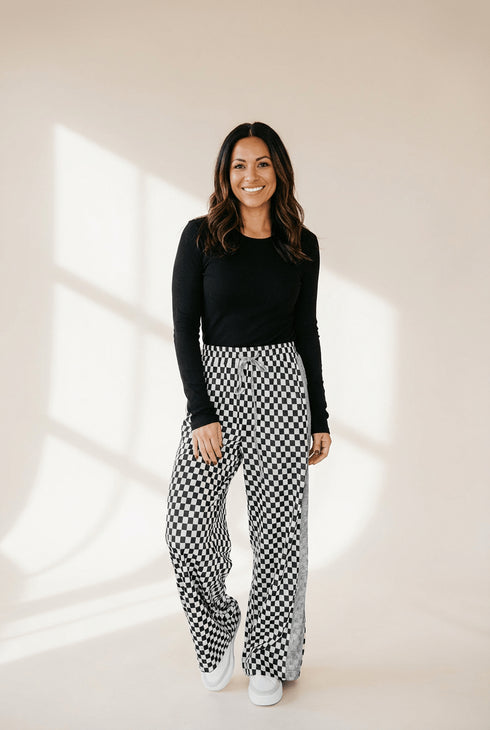 Women's Checkered Wide-Leg Drawstring Lounge Pants