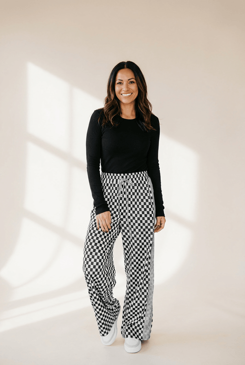 White Checkerboard Drawstring Waist Casual Pants