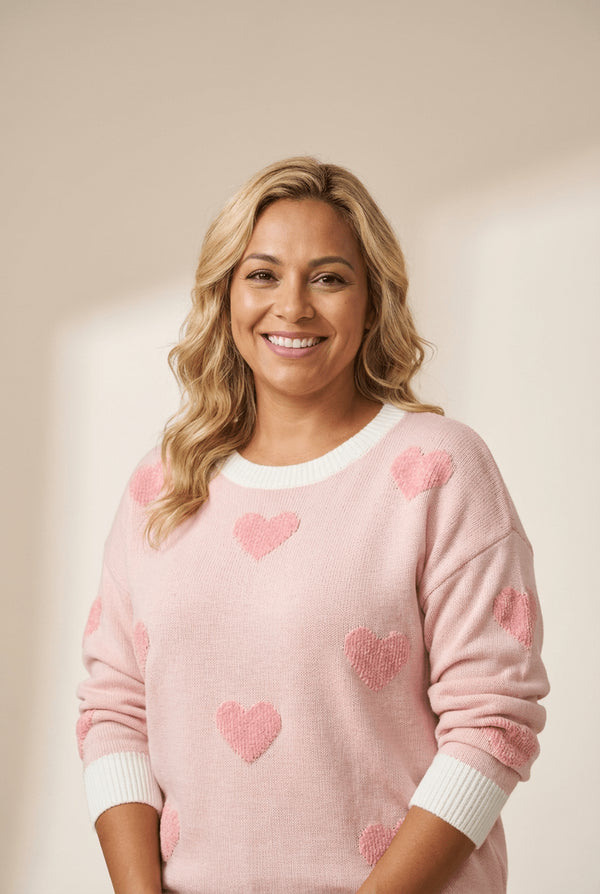 Women's Chenille Heart Intarsia Knit Sweater in Soft Blush