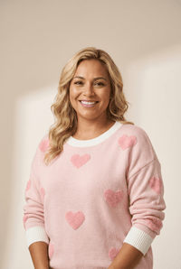 Women's Chenille Heart Intarsia Knit Sweater in Soft Blush