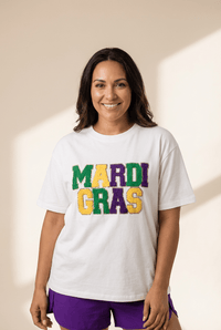 Women's Chenille Mardi Gras Graphic Tee with Glitter Trim