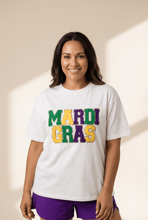 Women's Chenille Mardi Gras Graphic Tee with Glitter Trim