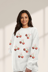 Women's Cherry Sequin Graphic Ribbed Sweatshirt in Crisp White