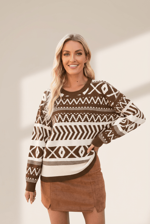 Women's Chestnut Brown Abstract Geometric Knit Pullover