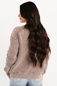 Chestnut Mineral Wash Exposed Seam Patchwork Knit Open Sweater Cardigan