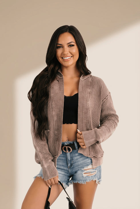 Women's Chestnut Mineral Wash Cotton Open Cardigan with Exposed Seams
