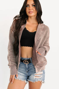 Chestnut Mineral Wash Exposed Seam Patchwork Knit Open Sweater Cardigan