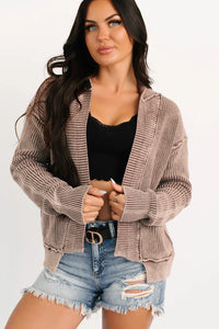 Chestnut Mineral Wash Exposed Seam Patchwork Knit Open Sweater Cardigan