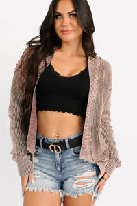 Chestnut Mineral Wash Exposed Seam Patchwork Knit Open Sweater Cardigan